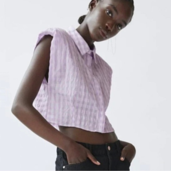 Zara Shoulder Pad Poplin Shirt Button Front Purple Gingham Plaid Cropped Xs New - Picture 2 of 2